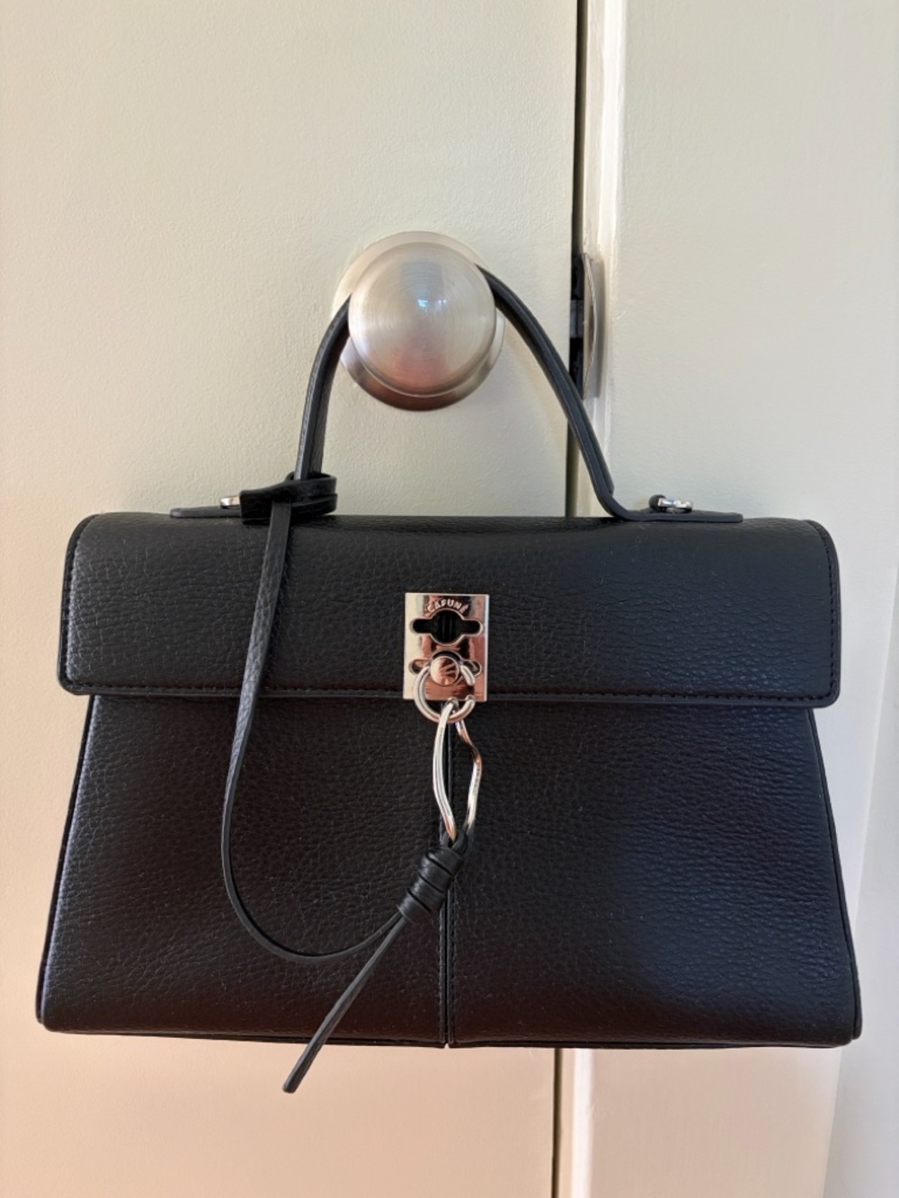 Black Leather Top-Handle Satchel with Silver-Tone Lock